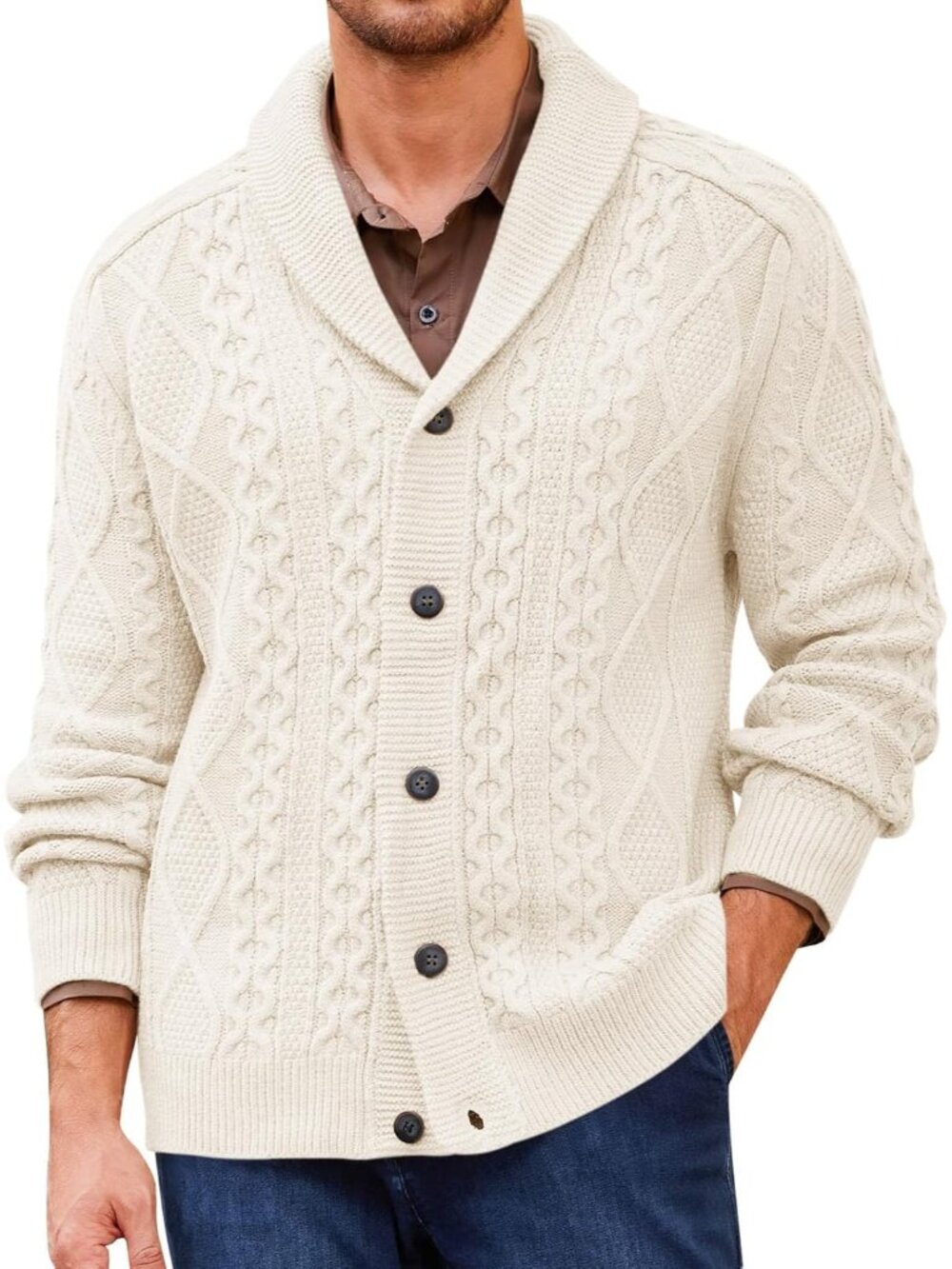 🆕Men's White Chunky Knit Cardigan Sweater Shawl Collar Button Up Outerwear